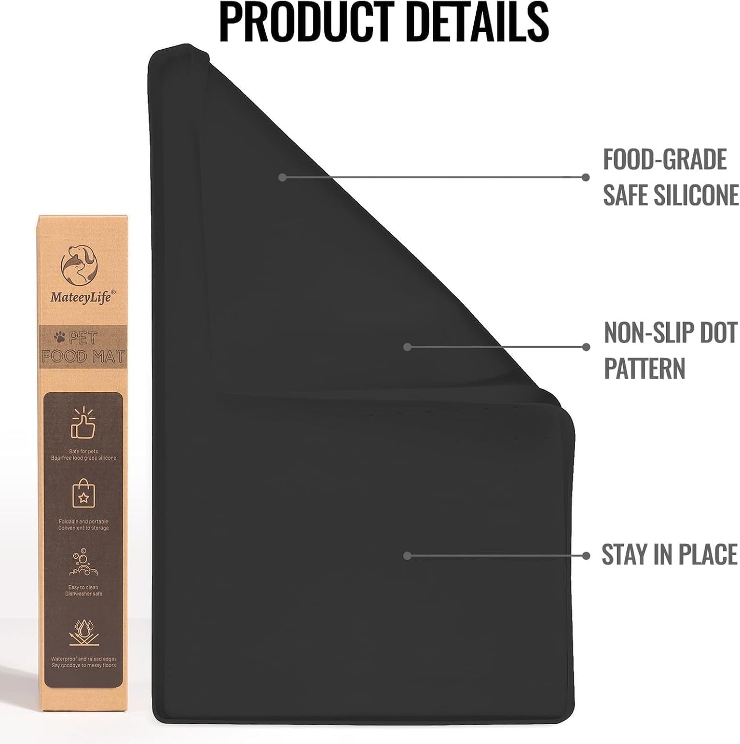 MateeyLife Dog & Cat Food Mat for Floors Waterproof, Nonslip Pet Feeding Mats with Raised Edges, Silicone Matt Tray for Messy Drinkers, 22"x14", Black