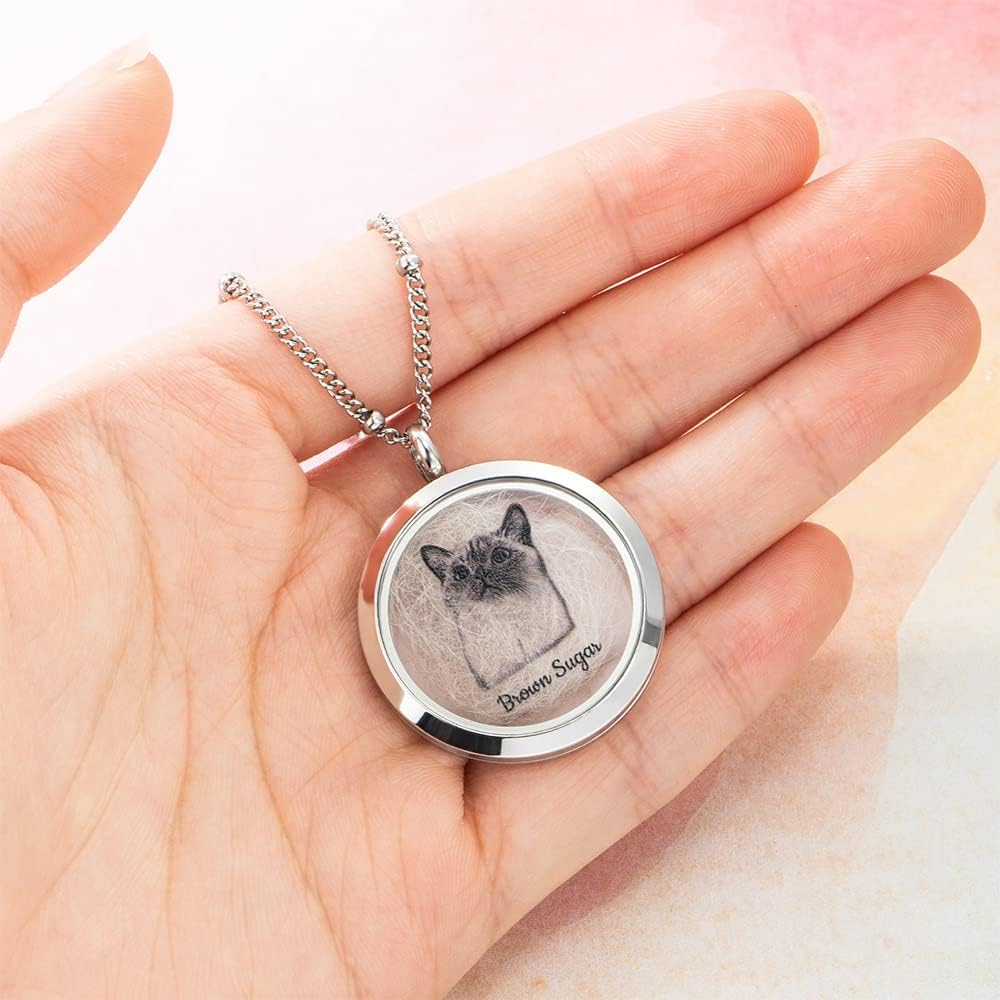 Personalized Pet Urn Fur Necklace - Stainless Steel Pet Ashes Necklace for Dog, Cat - Custom Name Photo Memorial Keepsake