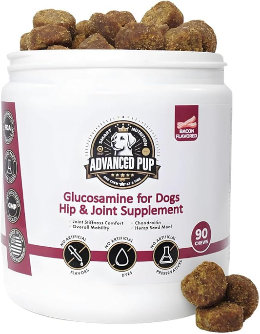 AdvancedPUP Hip and Joint Supplement - Effective Chondroitin MSM & Turmeric for Dogs - Dog Hip & Joint Care to Heal Dog Joint Stiffness & inflammation - Natural Glucosamine Supplement Tasty Bacon 90CT