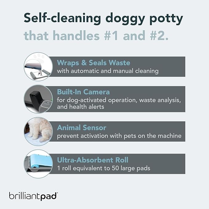 BrilliantPad Smart Indoor Dog Potty for Small Pets | Self Cleaning with Odor Control, AI Health Monitoring, Puppy Training Alternative to Grass Turf | Includes 1 Absorbent Pad Roll & Smartphone App