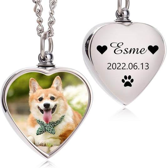 Custom Ashes Necklace Pet Memorial Gift with Photo Text,Personalized Dog/Cat Cremation Jewelry Keepsake.Double-sided customized heart-shaped pendant urn necklaces for dog cat lover Women and Men