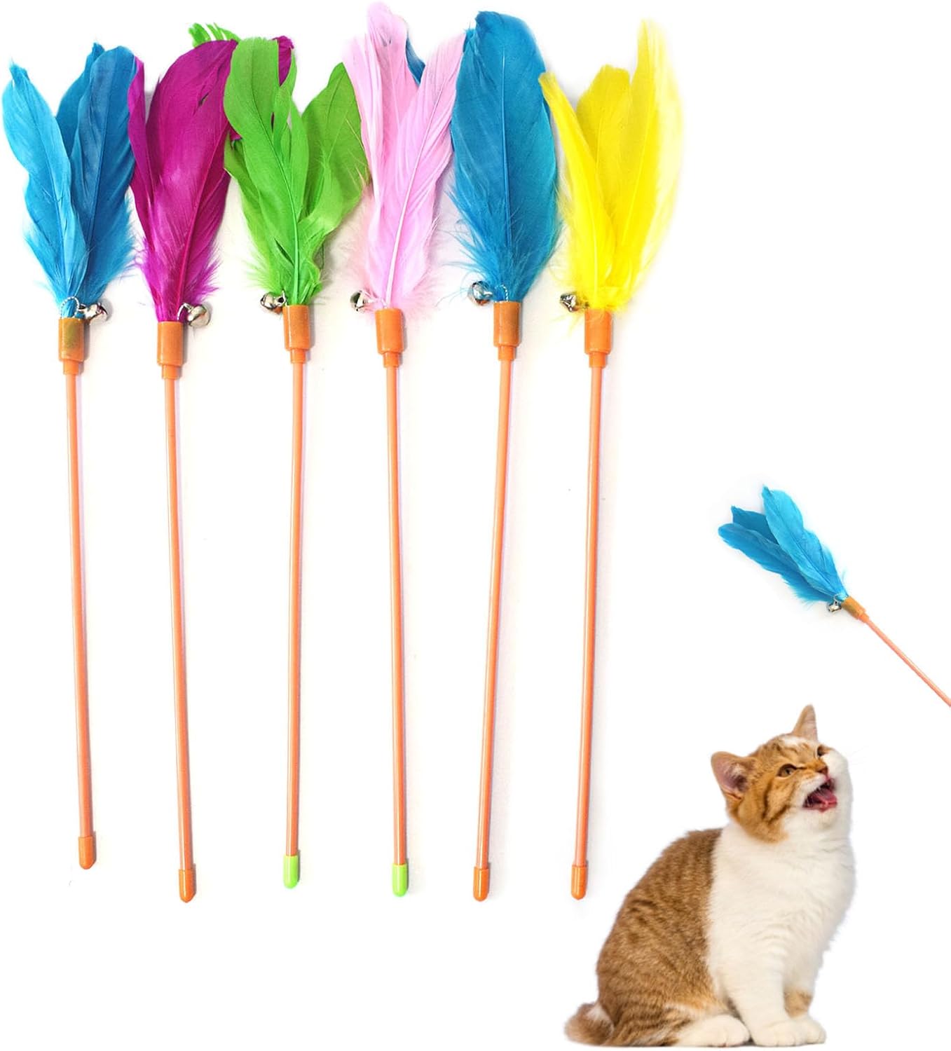 Cat Wands, 6 PCS Vibrant Color Feather Wands with Bell Unbreakable Cat Feather Sticks Interactive Kitten Toys for Indoor Cats