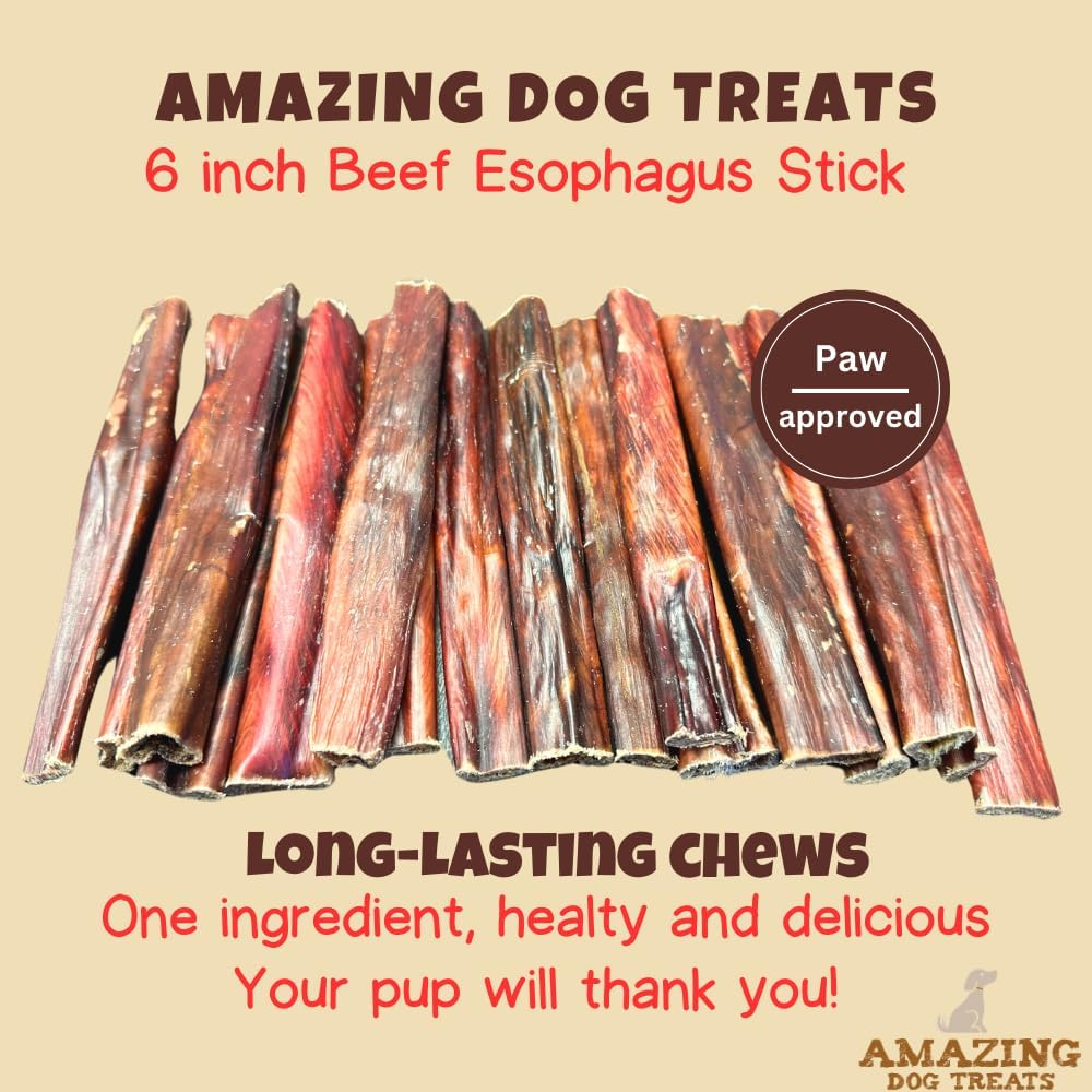 Amazing Dog Treats Gullet Sticks for Dogs - 6 Inch Beef Gullet Jerky Chews - 40 Count