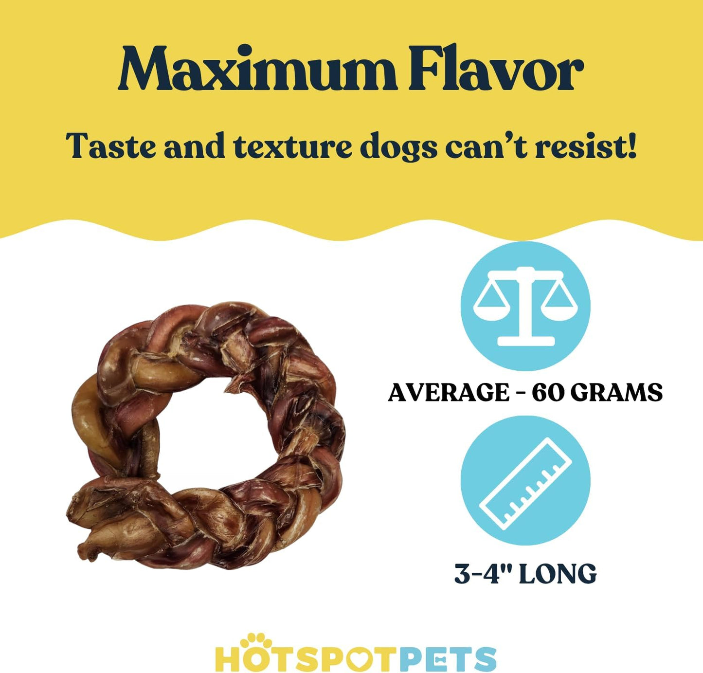 hotspot pets Braided Bully Stick Rings for Dogs - (3 Pack) Premium All Natural Long Twisted Beef Pizzle Dog Chew Treats - Grain Free Fully Digestible Rawhide Alternative Bones