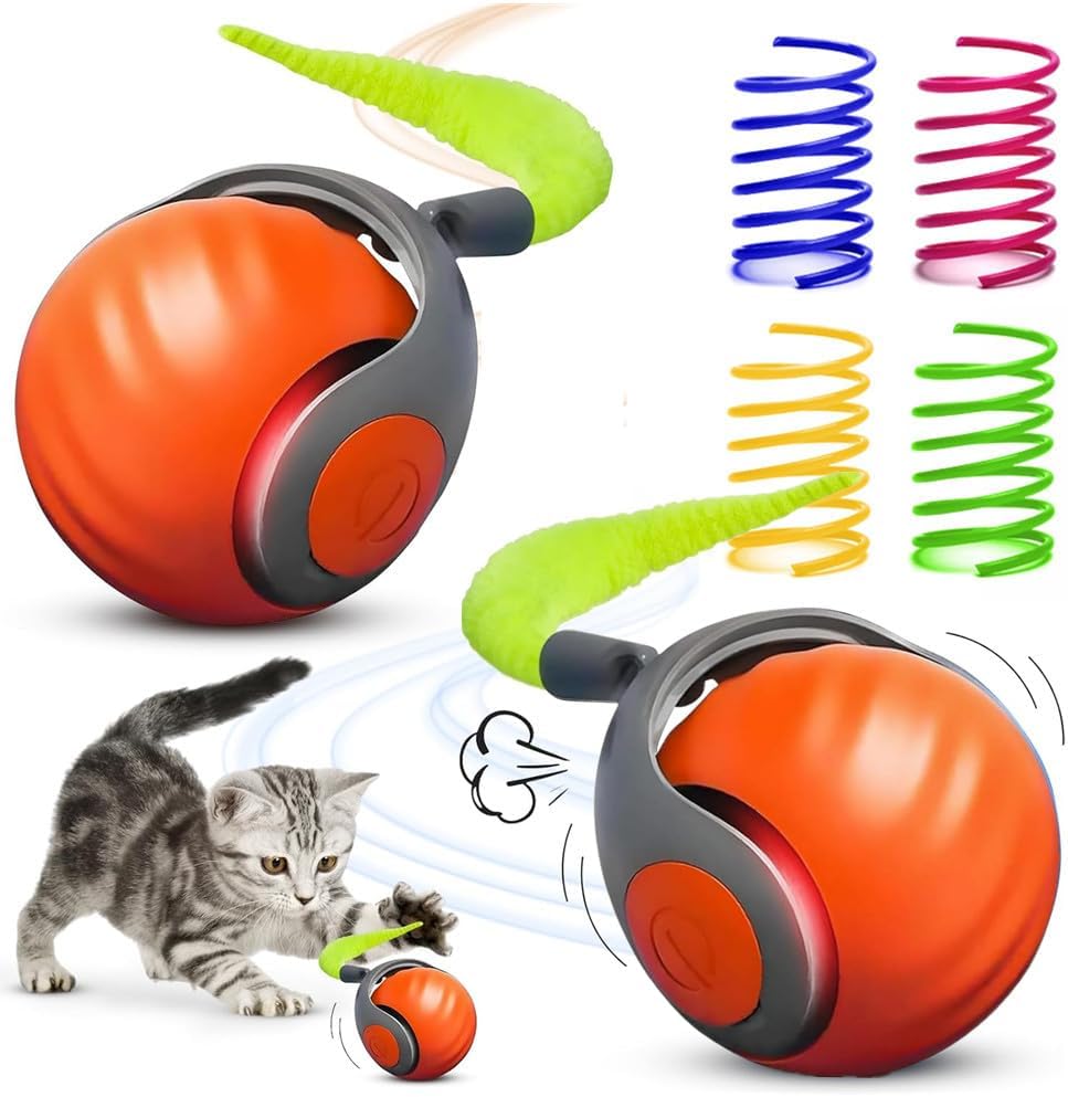 6pcs Interactive Cat Toy Automatic Moving Smart Toy Ball with Replacement Tail for Indoor Bored Cats/Dogs, Sensor Teasing Ball Self-Rolling Pet Chase, Speedy Cat Toys for Pets Exercise (Orange x 2)