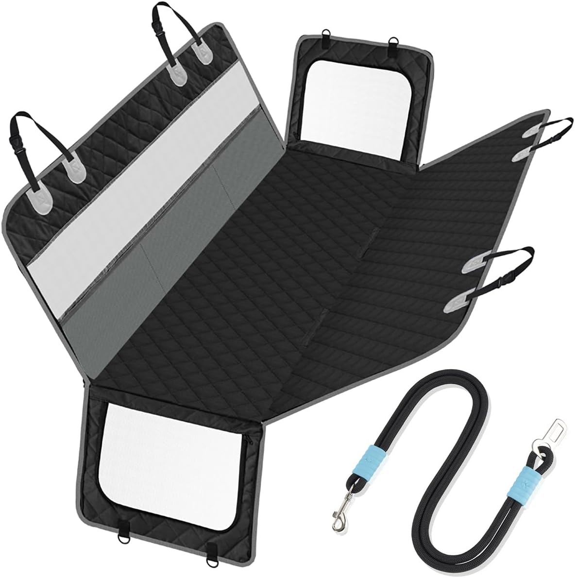 Dog Car Seat Cover, 4-Layer Waterproof Back Seat Protector with Mesh Windows,3 Accessories Pockets Nonslip Pet Hammock Style for Cars Trucks SUVs, Include 1 Dog Safety Belt (Black-Grey)