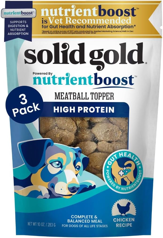 Solid Gold Meatball Dog Food Toppers for Dry Food - High Protein Chicken Meatball Topper for Dogs - Complete Meal, Meal Mix in or Soft Dog Treats - Gut Support - 3 Pack *Refrigerate After Opening*
