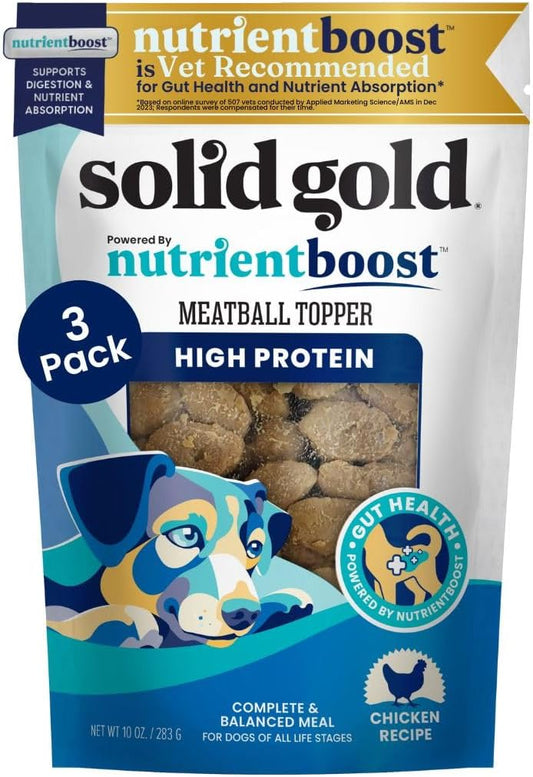 Solid Gold Meatball Dog Food Toppers for Dry Food - High Protein Chicken Meatball Topper for Dogs - Complete Meal, Meal Mix in or Soft Dog Treats - Gut Support - 3 Pack *Refrigerate After Opening*