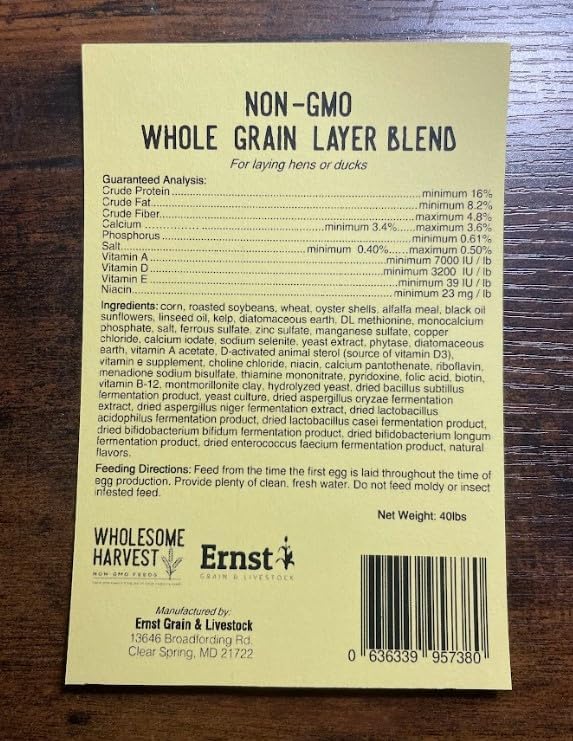 Non-GMO Whole Grain Layer Blend 16% - Chicken Feed for Laying Hens and Ducks - Includes Essential Oils, Herbs, Oyster Shells, Vital Minerals, and Omega 3, 40lb