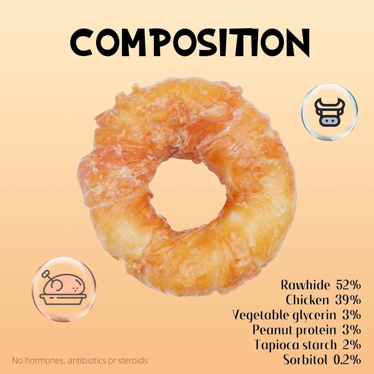 ASMPET Dog Treats Chews, Chicken Wrapped Rawhide Donuts Dental Care Chews for Small Medium Large Breed Aggressive Chewers (Pack of 4)