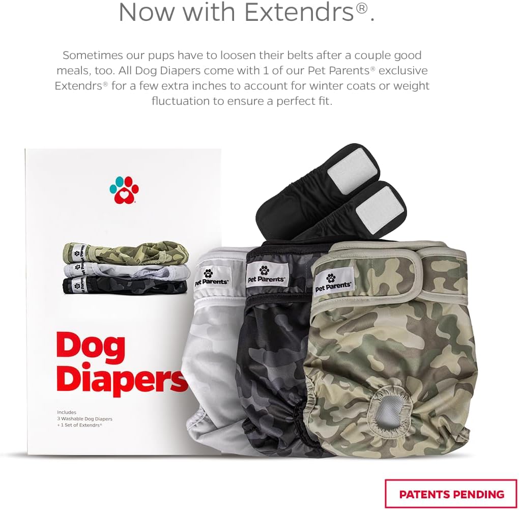Pet Parents® Washable Dog Diapers (3pack) + Extendrs® of Durable Doggie Diapers, Premium Dog Diapers Female & Male (Large, Camo)