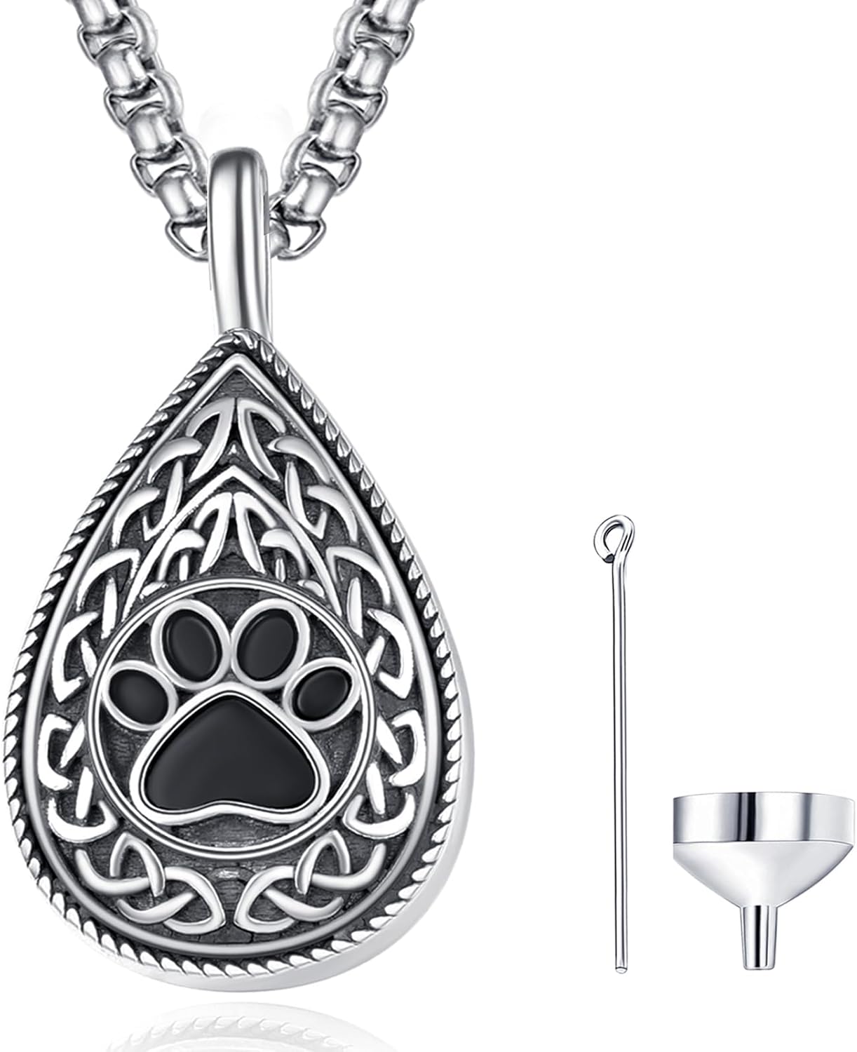 Pet Cremation Urn Necklace for Dog Cat Ashes 925 Sterling Silver Paw Print Keepsake Pendant Celtic Knot Memorial Jewelry for Women Men