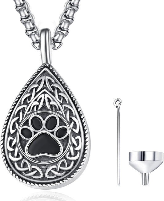 Pet Cremation Urn Necklace for Dog Cat Ashes 925 Sterling Silver Paw Print Keepsake Pendant Celtic Knot Memorial Jewelry for Women Men