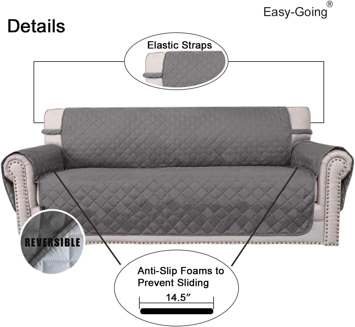 Easy-Going Reversible Loveseat Couch Cover for 2 Cushion Couch Sofa Cover for Dogs Water Resistant Furniture Protector with Foam Sticks Elastic Straps for Pet (Loveseat, Gray/Light Gray)