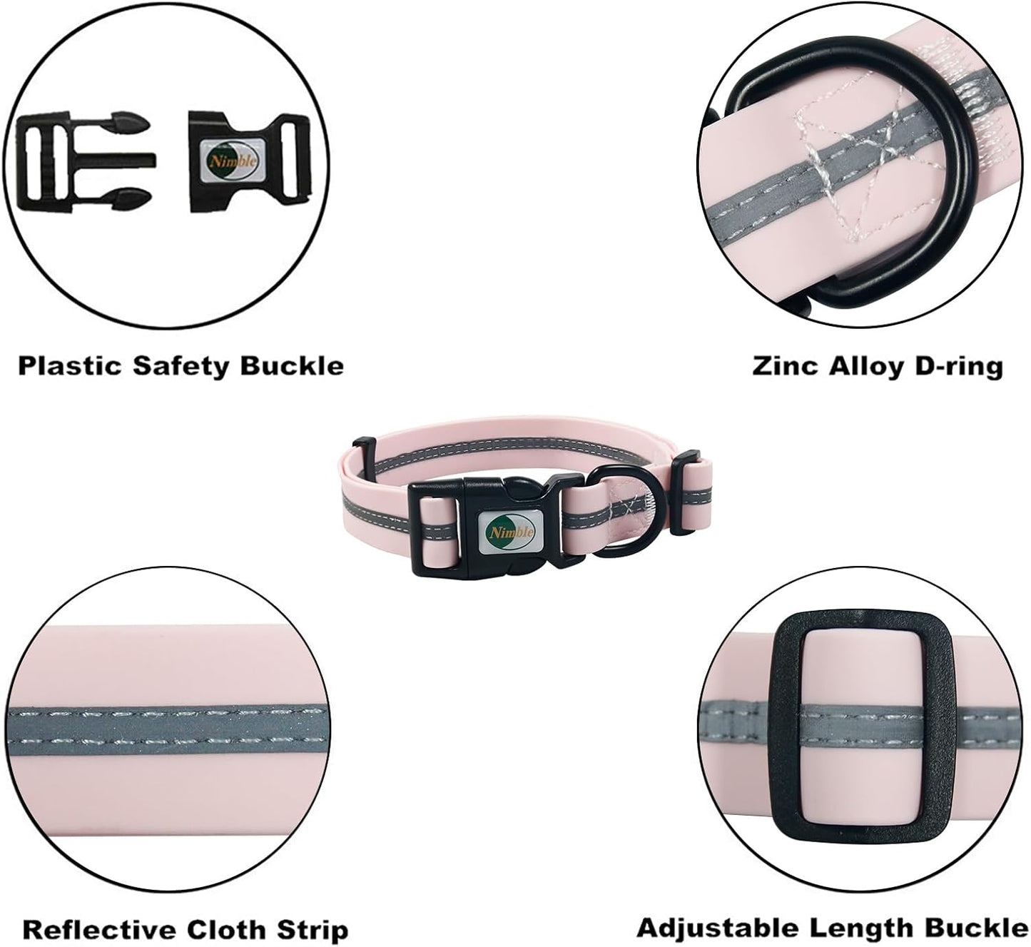 NIMBLE Dog Collar Waterproof Pet Collars Adjustable, Reflective, Durable Flex Poly Coated Nylon Basic Dog Collars 9 Colors in Size S/M/L (Light Pink, Medium (11.81”-18.5”inches))