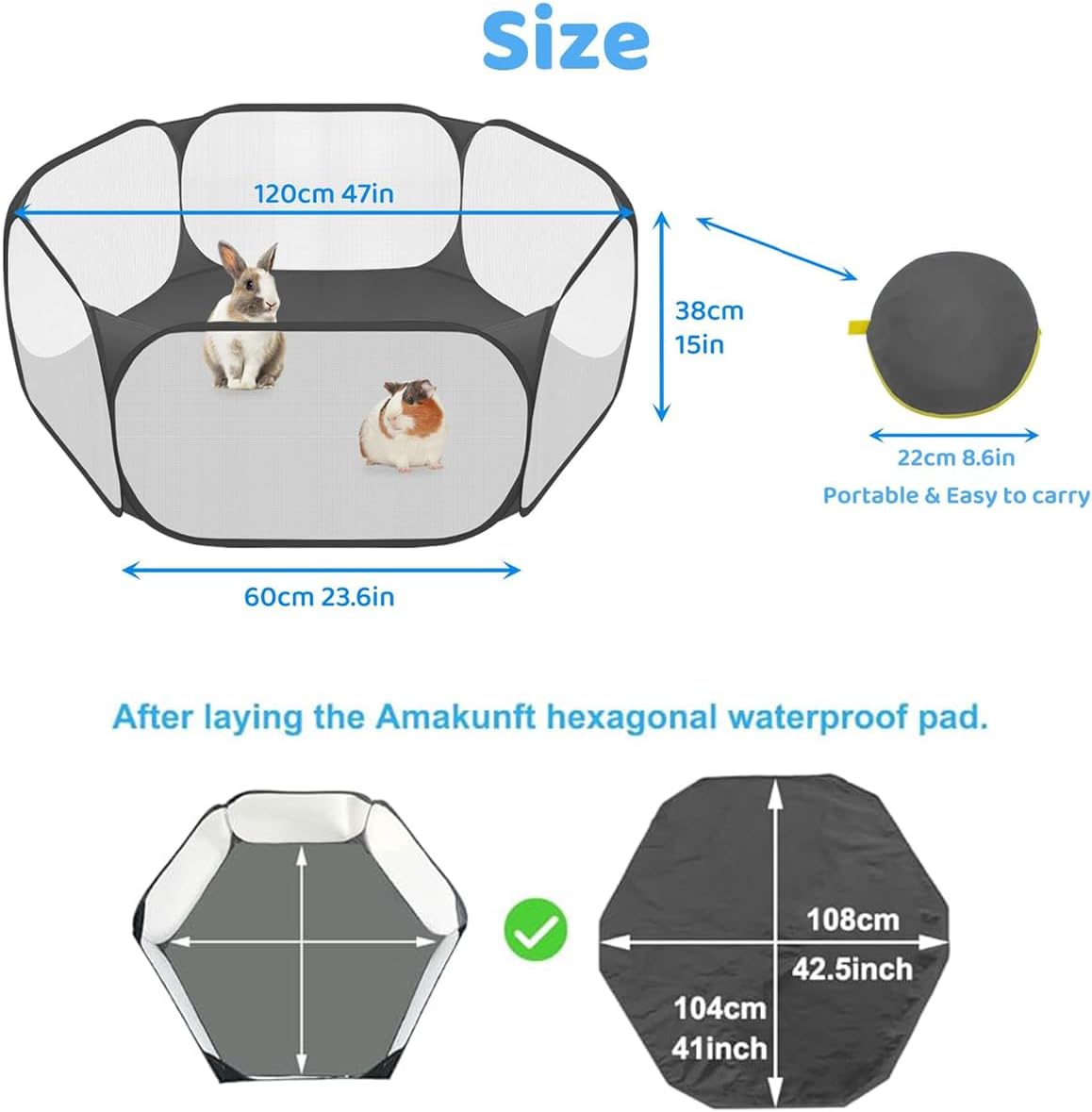 Amakunft 2 in 1 Small Animal Playpen with Waterproof Pad, Pop-Up Portable Play Yard for Guinea Pigs, Rabbits, Hamsters, Hedgehogs, Foldable Exercise Fence with Breathable Mesh for Indoor Outdoor Use