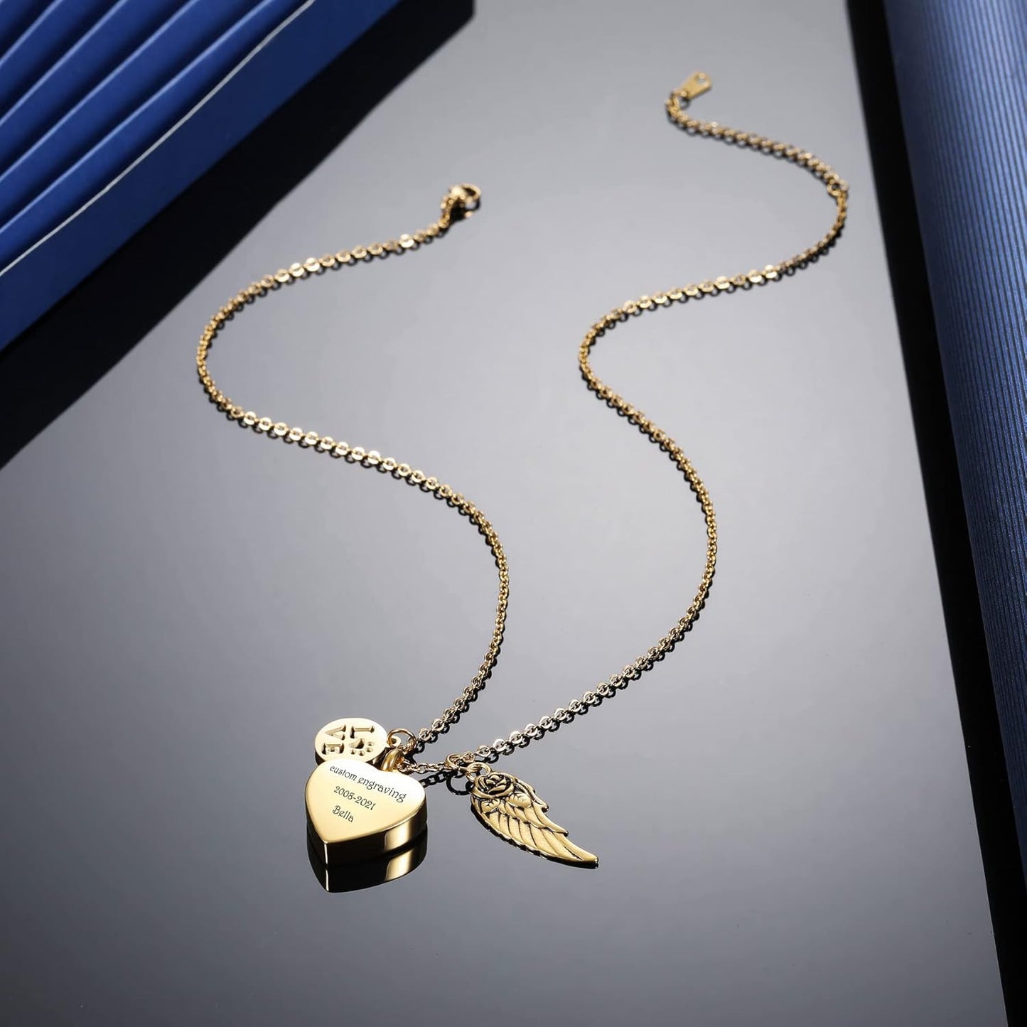 MeMeDIY Personalized Heart Paw Print Ashes Urn Pendant Necklace Custom Name/Photo/Date for Women Men Pet Lover Stainless Steel Memorial Dog Cat Pet Keepsake with Funnel Fill Kit Angel Wing