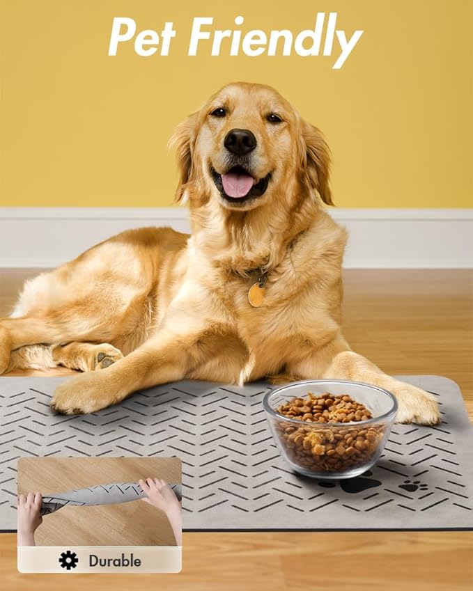 MontVoo-Absorbent Pet Feeding Mat-No Stains Quick Dry Dog Mat for Food and Water Bowl-Rubber Backing Dispenser Mat Accessories Supplies-Dog Bowl Messy Drinkers,Light Grey