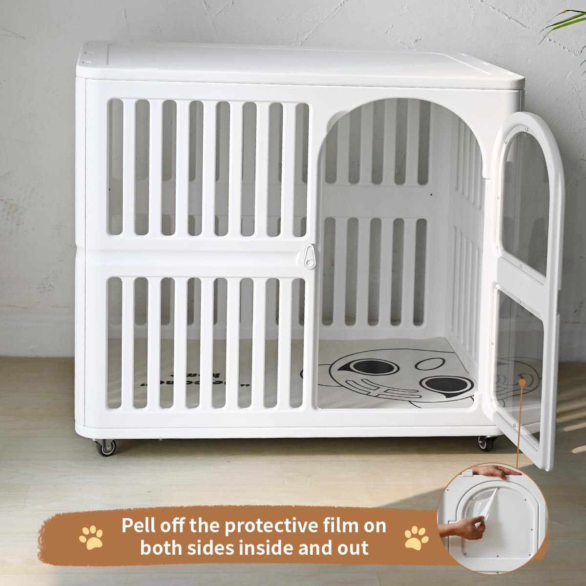 Acrylic Dog Crate Indoor with Wheels 34x 23x 30,Cute Plastic Easy Cleaning Pet Play Pen for Puppy Small Medium Dogs Playpen,White Houses Kennel