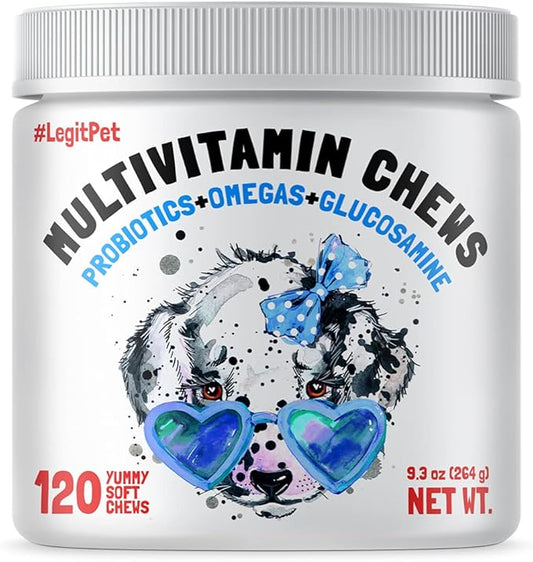 Dog Vitamins - 120 Multivitamins Chews w/Glucosamine Chondroitin, Probiotics Digestive Enzymes and Omegas - Supplement for Overall Health - Joint Support, Immune Health, Skin and Heart Health