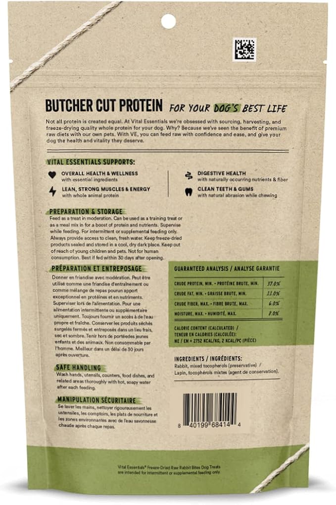 Vital Essentials Rabbit Bites Dog Treats, 5 oz | Freeze-Dried Raw | Single Protein | Premium Quality High Protein Training Treats | Grain Free, Gluten Free, Filler Free