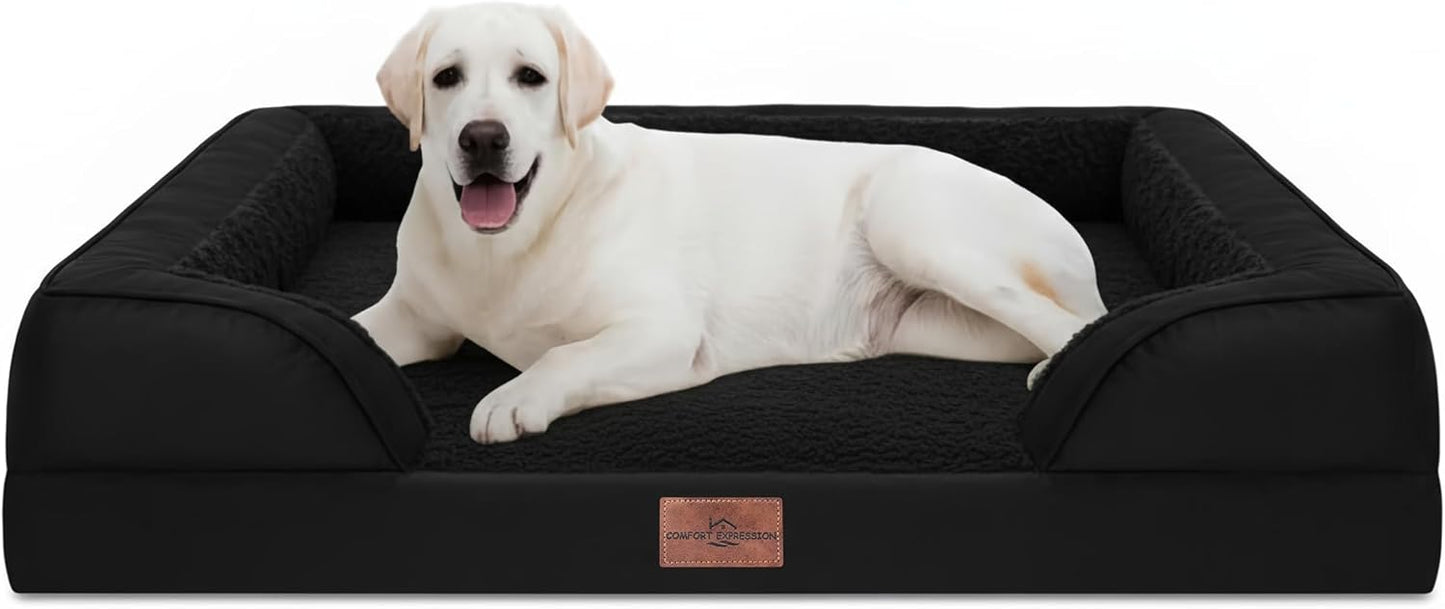 Comfort Expression Orthopedic Dog Bed for Extra Large Dogs 45x35 Inch, Waterproof Supportive Egg Crate Foam XL Pet Bed with Removable Bolsters, Dog Couch with Washable Cover & Non-Slip Bottom, Black