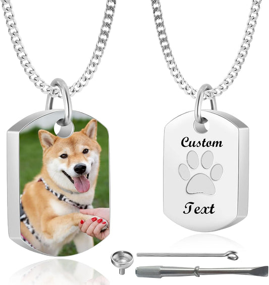 Personalized Pet Urn Necklace for Dog Ashes Custom Engraving Photo Text Pet Cremation Jewelry Customize Memorial Gift for Pet Dog Cat Ashes Necklace(04-Silver)