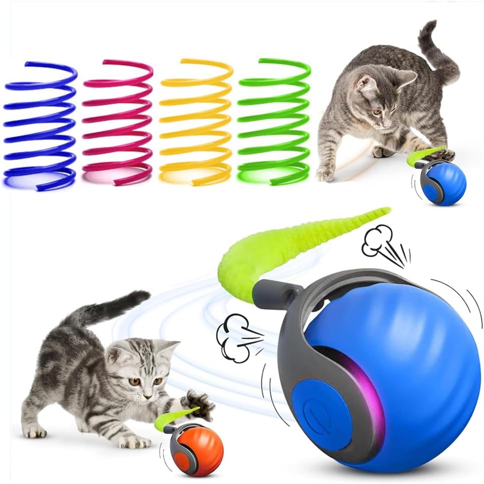 5PCS Interactive Cat Toy Automatic Moving Smart Toy Ball with Replacement Tail for Indoor Bored Cats/Dogs, Sensor Teasing Ball Self-Rolling Pet Chase, Speedy Cat Toys for Pets Exercise (Blue)