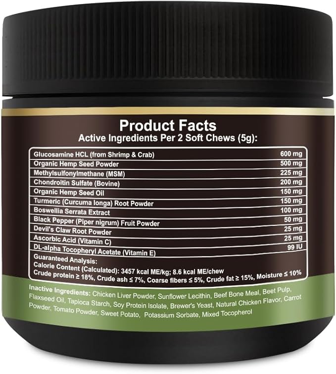 Noble Beast Dog Joint Supplement - Hip and Joint Care for Dogs - All Natural - Soft Chews with Glucosamine, Chondroitin, MSM & Hemp for Dog Joint Relief - Chicken Flavor – 120 Count
