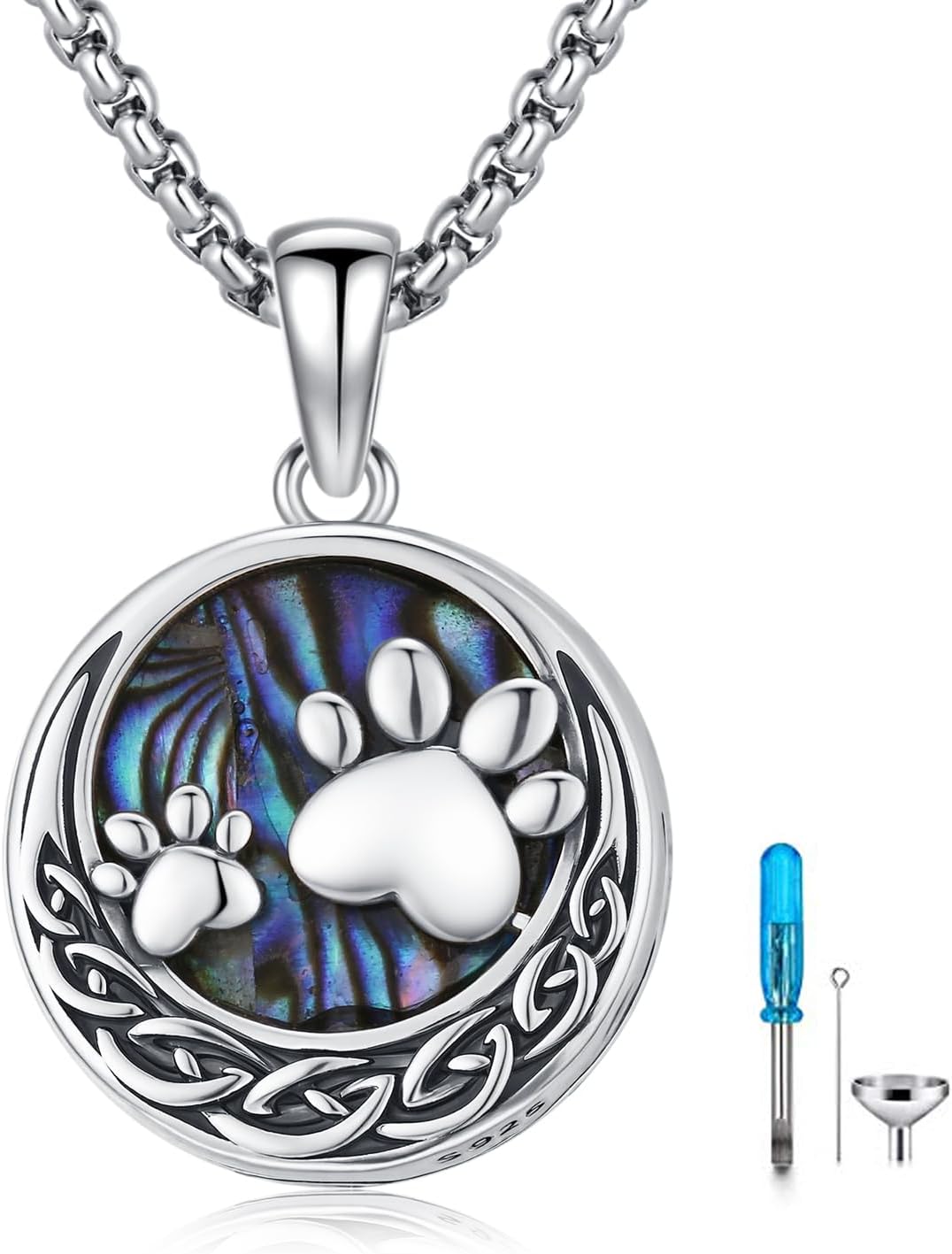 MEDWISE Celtic Urn Necklace for Ashes 925 Sterling Silver Paw Prints Necklace Abalone Shell Ashes Keepsake Memorial Urn Pendant Pet Cremation Jewelry for Ashes Memorial Jewelry for Dog Cat Pet
