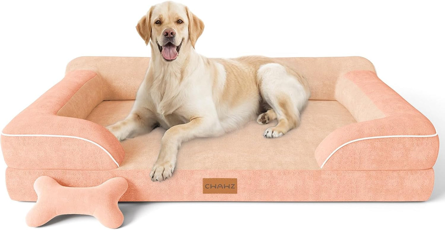 Jumbo Dog Bed for Extra Large Dogs, Orthopedic Dog Bed with Cooling Gel Memory Foam, Waterproof Pet Bed with Removable Washable Cover, 45" Pet Sofa Couch Dutch Velvet with Bone Toy, Peach Pink