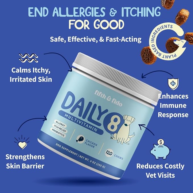 Dog Itching Skin Relief - Itch Relief for Dogs – Dog Allergy Relief with Salmon Oil - Anti Itch for Dogs Itchy Skin and Coat, Probiotics, Mushroom, Quercetin, Bromelain & Turmeric –120 Chicken Chews