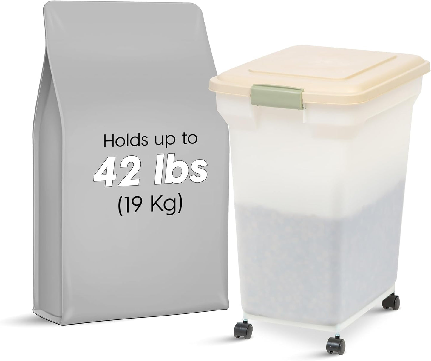 IRIS USA Airtight Dog Food Storage Container, WeatherPro, Up to 40 lbs, Removable Wheels, for Dog Cat Bird and Other Pet Food Storage Bin, Keep Fresh, Translucent Body, Made in USA, Pearl/Almond