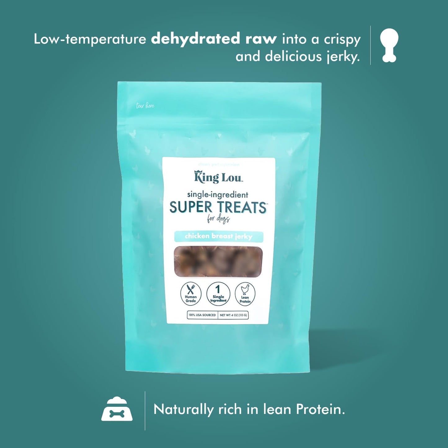 King Lou Pets - Chicken Breast Jerky for Dogs - USA-Made Dehydrated Chicken Dog Treats - 1 lb Fresh Breast Prior to Dehydration