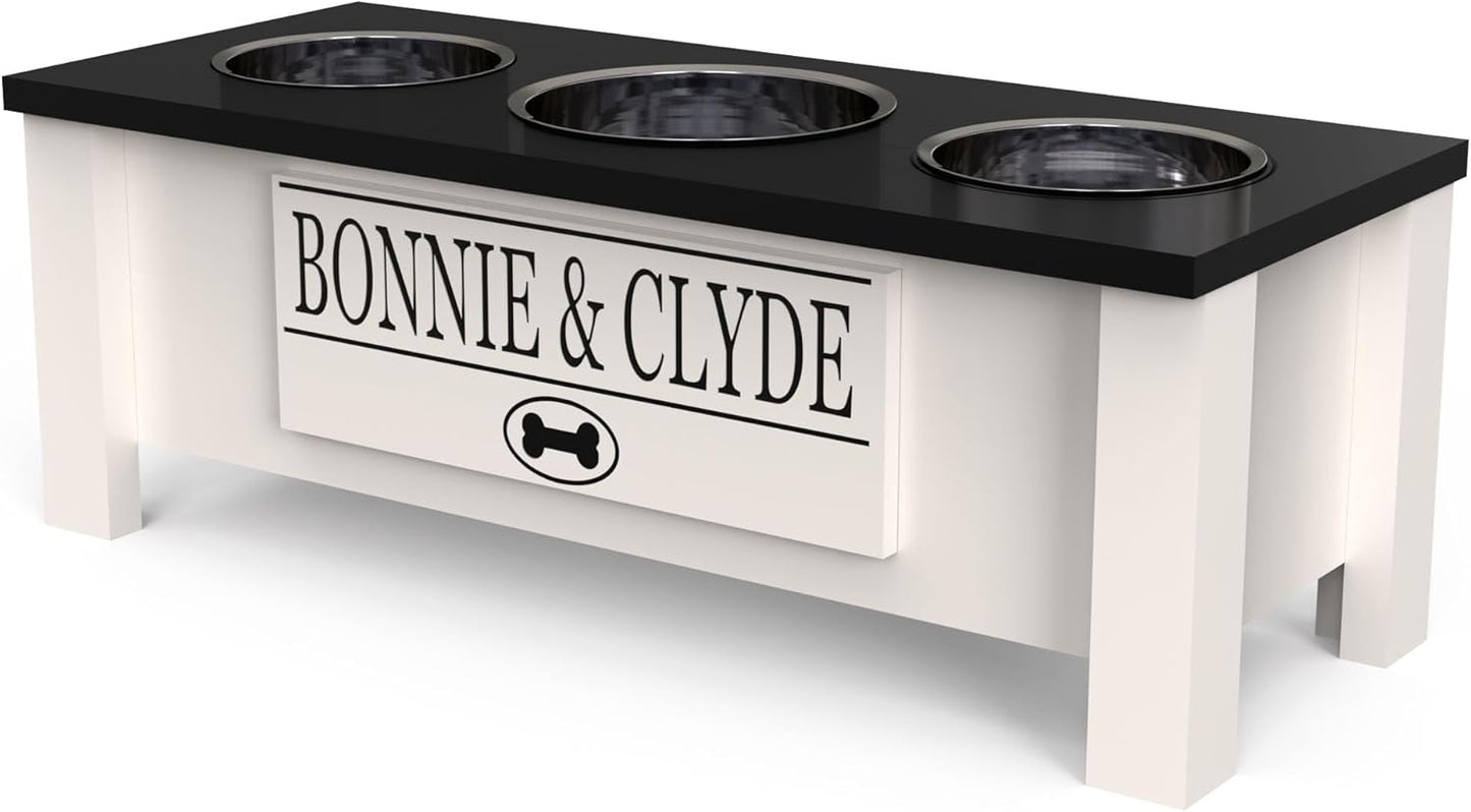 GrooveThis Woodshop - Personalized Elevated Triple Dog Bowl Stand for Large, Medium, Small, X-Small Dogs - 3 Stainless Steel Food and Water Bowls - Raised Dog Dish Internal Storage (Medium, Black)