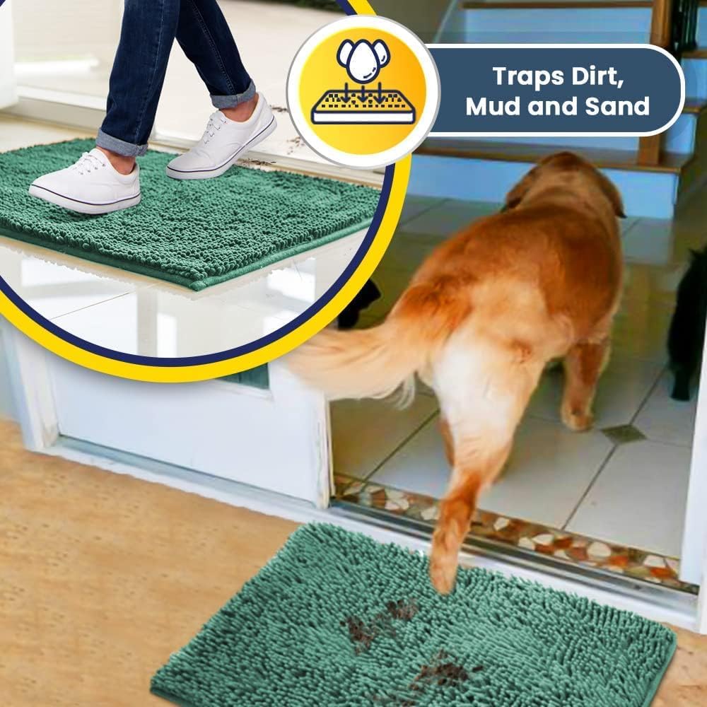Muddy Mat® Pack of 3 Highly Absorbent Microfiber Dog Door Mat and Pet Rug, Non Slip Thick Washable Area Mat Soft Chenille for Kitchen Bathroom Bedroom and Outdoor - Sea Green Small, Medium & Large