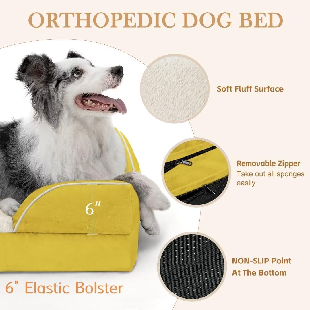 Comfort Expression Orthopedic Dog Bed for Extra Large Dogs 53x42 Inch, Waterproof Egg Crate Foam XXL Pet Bed with Removable Bolsters, Dog Couch with Washable Cover & Non-Slip Bottom, Spicy Mustard