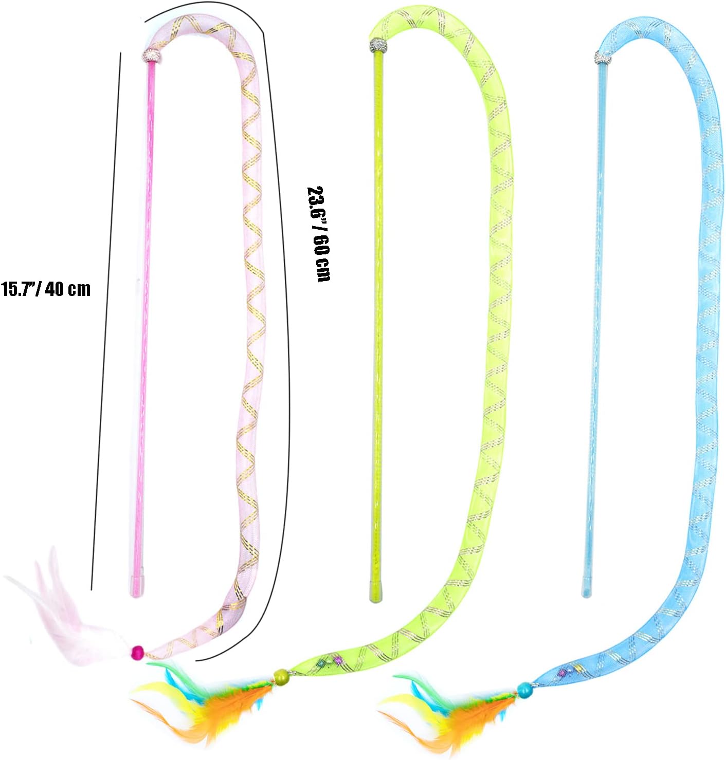 IUHKBH Cat Wands, 3 PCS Soft Line Tube Teaser Wands Colorful Feather Wands with Bell Interactive Cat Toys