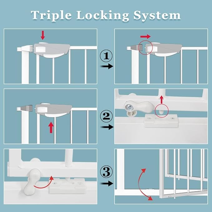 WAOWAO Triple Lock 68.11-75.98" Baby Gate Extra Wide Pressure Mounted Walk Through Swing Auto Close Safety White Metal Dog Pet Puppy for Stairs,Doorways,Kitchen