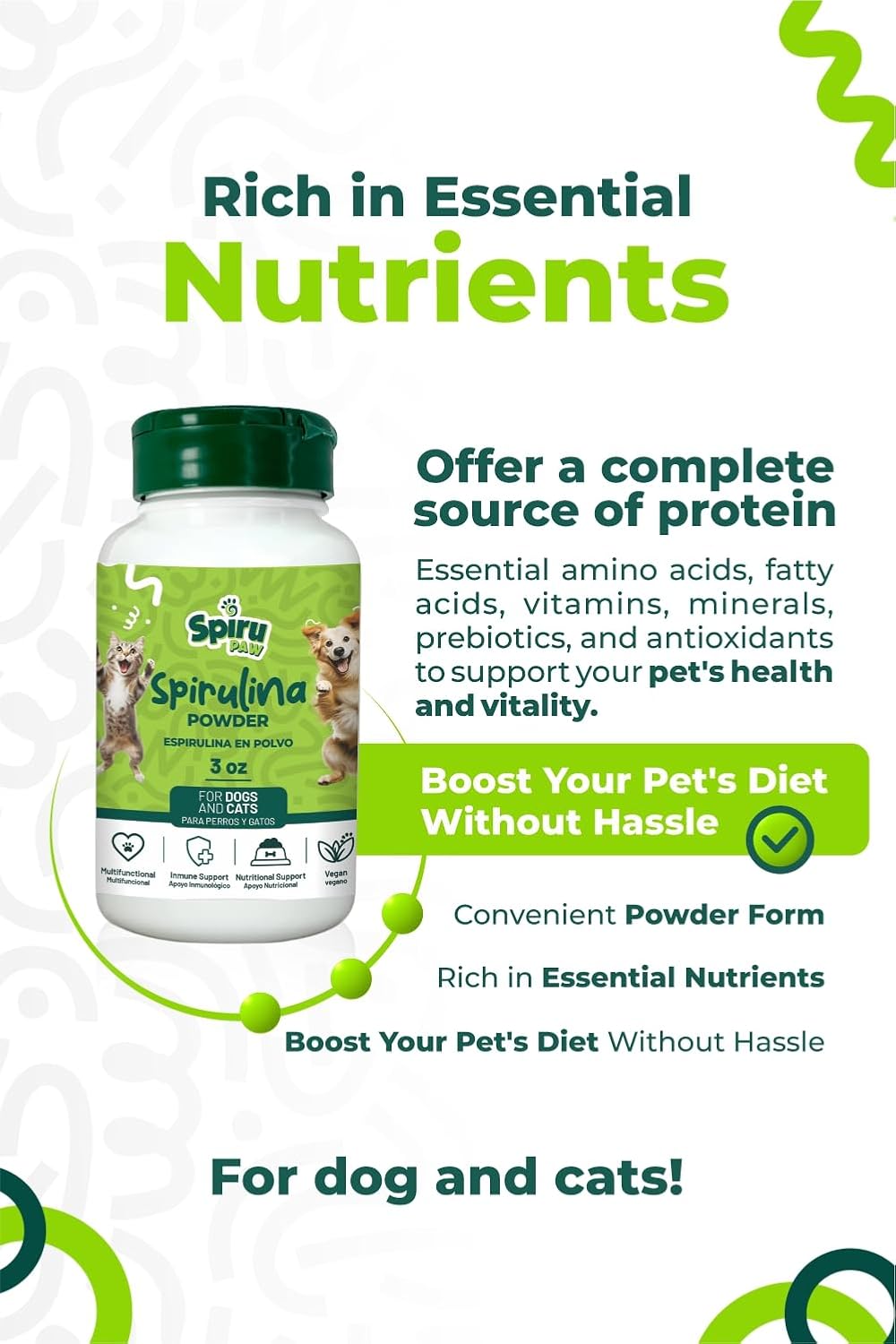 Spirulina-Based Powder for Pets Produced in The Atacama Dessert - Natural Supplement Nutrient-Rich, Essential Amino Acids & Prebiotics - 3 oz
