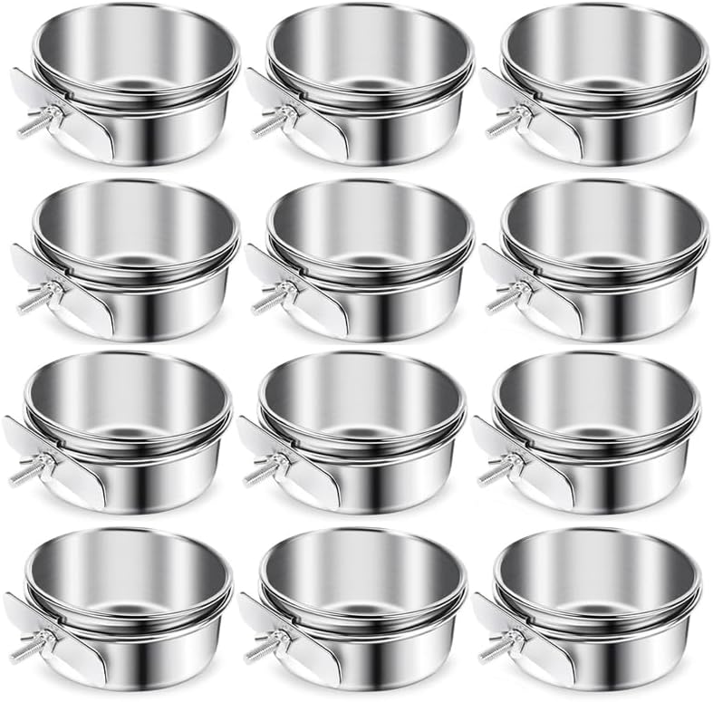 12 Pcs Stainless Steel Bird Food Bowls, 10 oz Bird Water Bowls with Clamp Holders, Parrot Cage Coop Feeders for Cockatiel Conure Budgie Parakeet Macaw (12PC-10oz Stainless Steel Bowl)