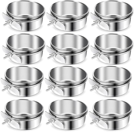 12 Pcs Stainless Steel Bird Food Bowls, 10 oz Bird Water Bowls with Clamp Holders, Parrot Cage Coop Feeders for Cockatiel Conure Budgie Parakeet Macaw (12PC-10oz Stainless Steel Bowl)