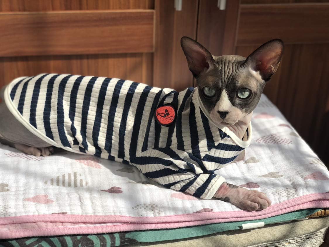 DENTRUN Hairless Cats Shirt Breathable Cat Daily Wear Clothes Stripe Vest Adorable Pajamas Jumpsuit Soft & Skin-Friendly