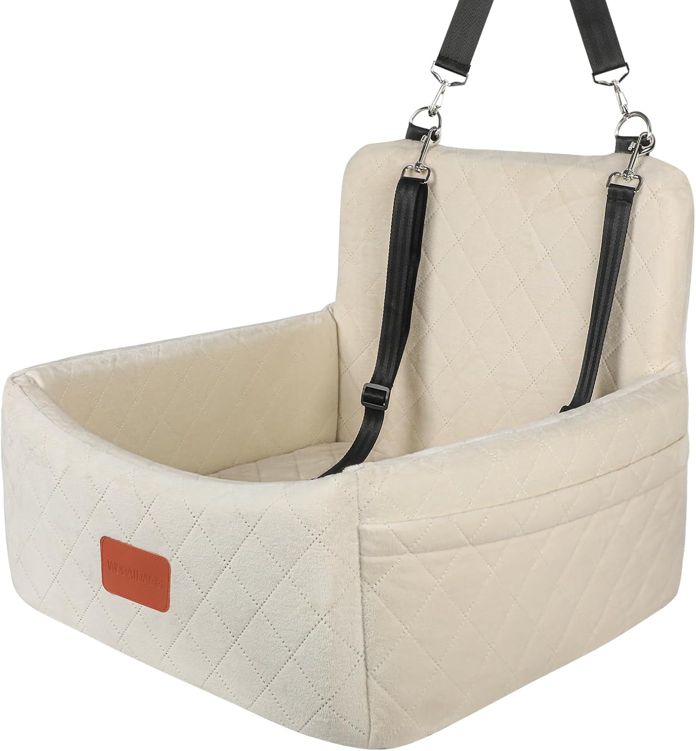 Dog Car Seat for Under 30lbs Dogs,Comfy Febric Fill in Memory Foam,Washable and Detachable Pet Travel Car Bed,Anti-Slip Bottom,2 Safety Leashes & Storage Pockets(Beige)