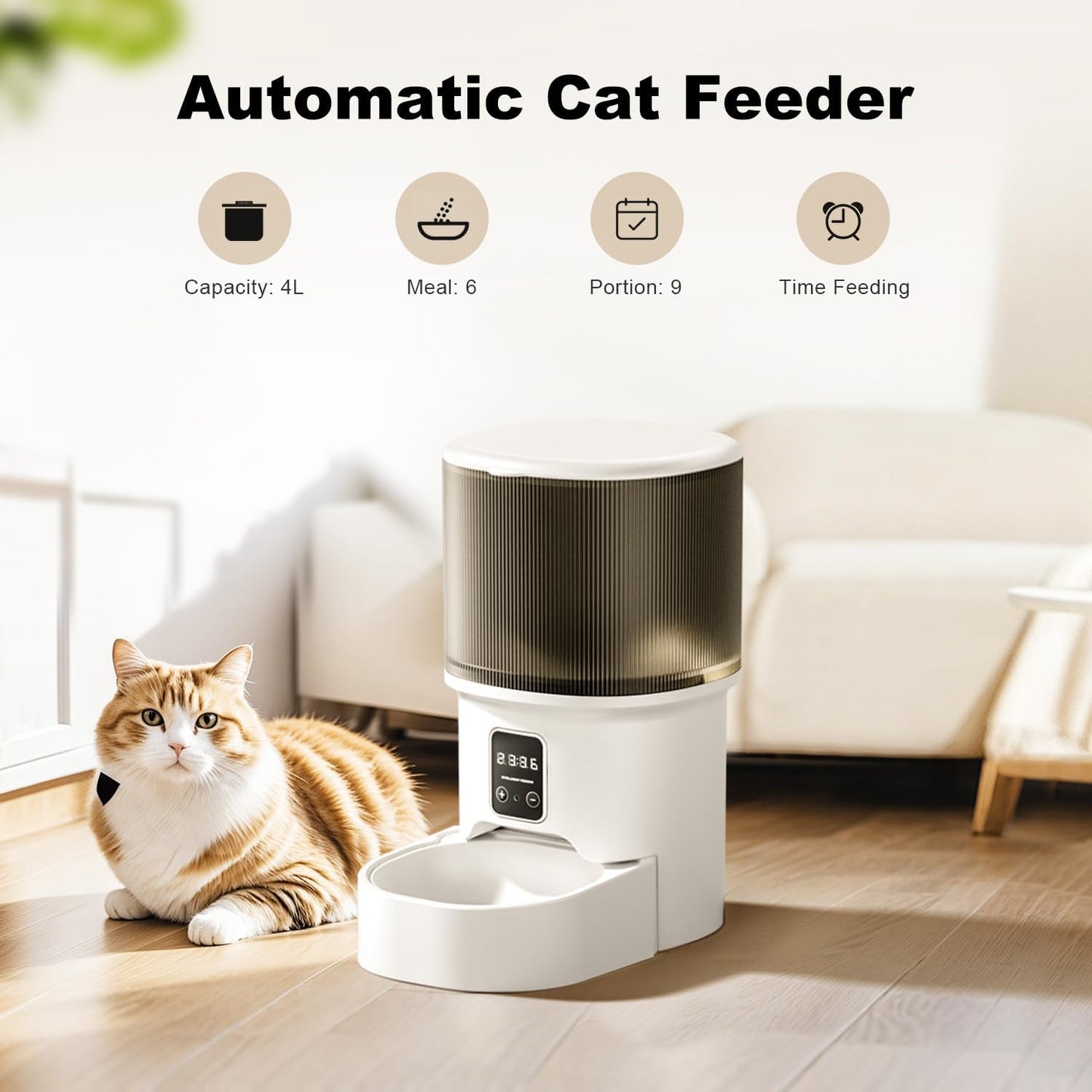 Automatic Cat Feeder, 4L Auto Cat Feeder Dry Food Dispenser, Electric Pet Feeder Dual Power Supply, Programmable Pet Feeder Timed 1-6 Meals Per Day, 1-9 Portion