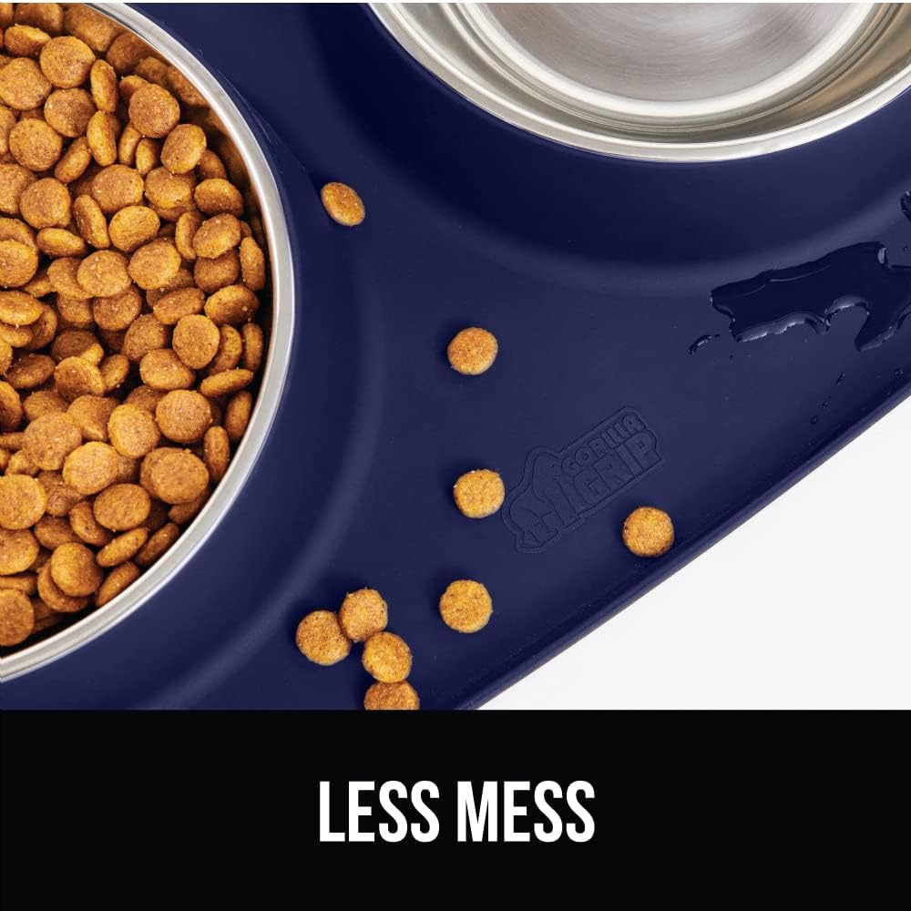 GORILLA GRIP Feeding Mat Set, Patent Pending 100% Waterproof BPA Free Silicone, Stainless Steel Cat and Dog Bowls, Slip Resistant, Edges Catch Water, Food, US Designed Pet Accessories, 1 Cup Navy Blue