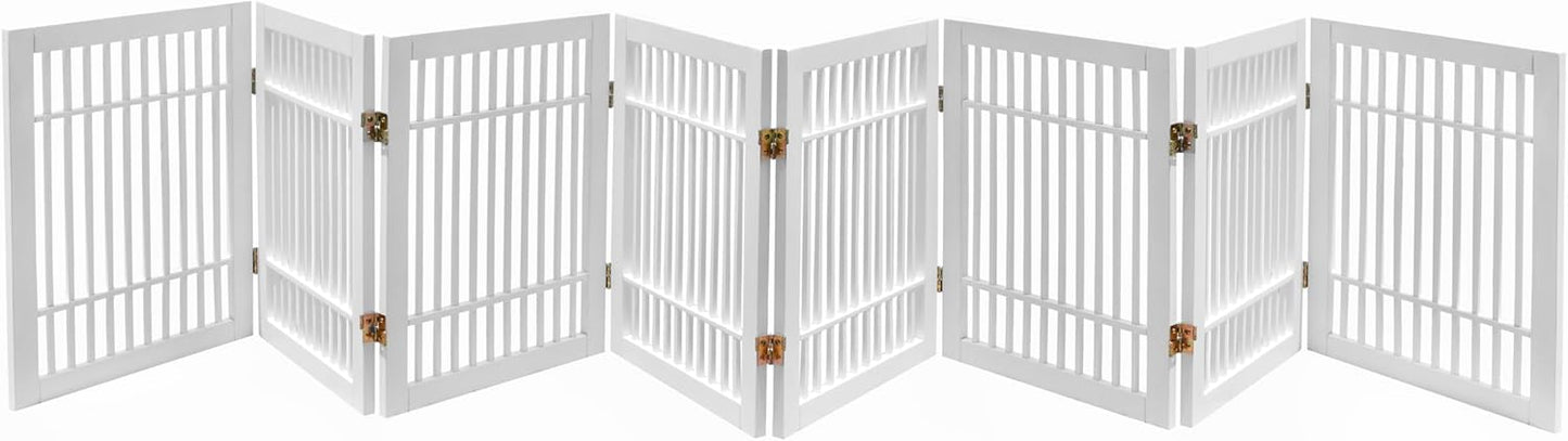 Pet Dog Gate Strong and Durable Freestanding Folding Acacia Hardwood Portable Wooden Fence Indoors or Outdoors by Urnporium (White Pet Gate, 8 Panel 24" Tall)