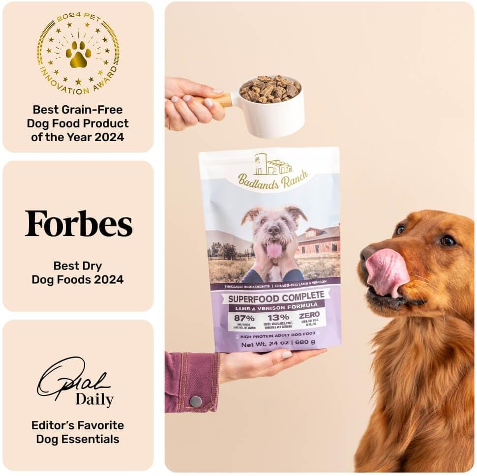 BADLANDS RANCH - Superfood Complete, Air-Dried Adult Dog Food - High Protein, Zero Fillers, Superfood Nutrition by Katherine Heigl (24 oz, Lamb & Venison)