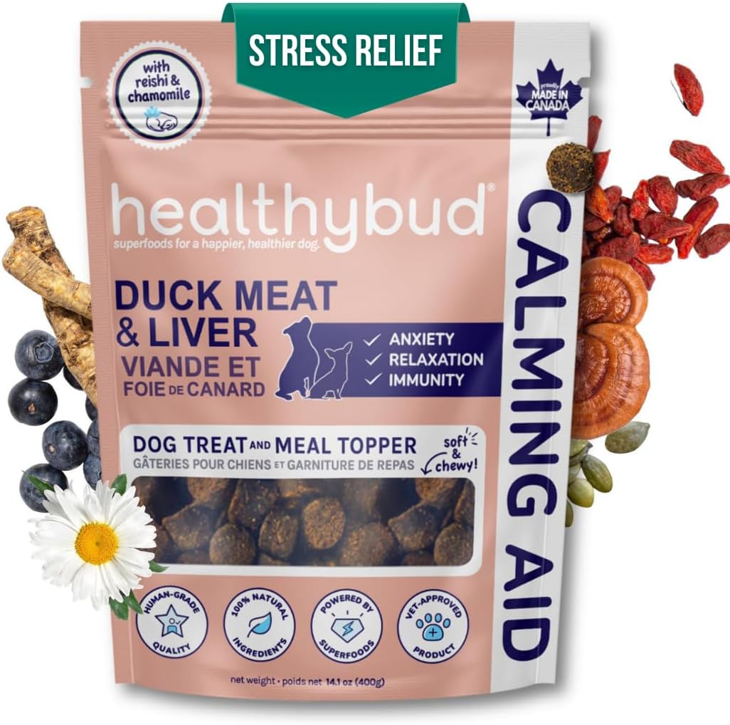 healthybud Calming Aid, Natural Duck Dog Treats & Toppers for Stress Relief - Dog Separation Anxiety, Stress Reduction, Aggression Relief - Support Calm, Immunity Health (4.6 Ounces)