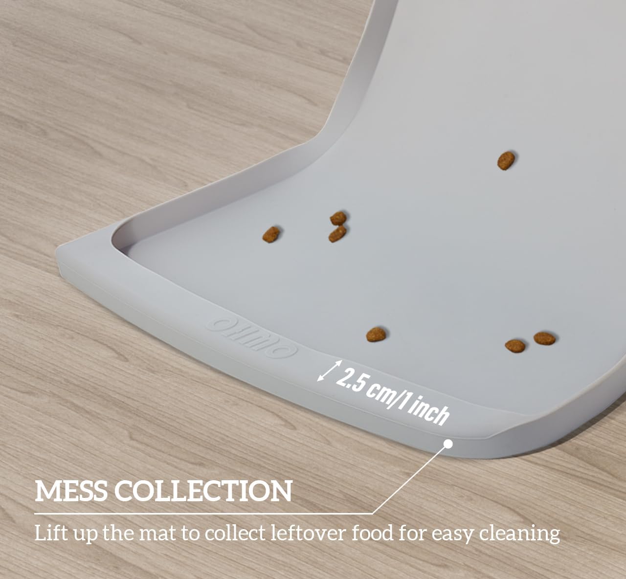 OHMO Dog Food Mat(Ash Light Grey, 24 * 15'') w/Residue Collection Pocket Silicone Pet Feeding Mat for Floor High Edges Anti Spills Waterproof Cat Water Bowl Tray, Easy Clean Placemat